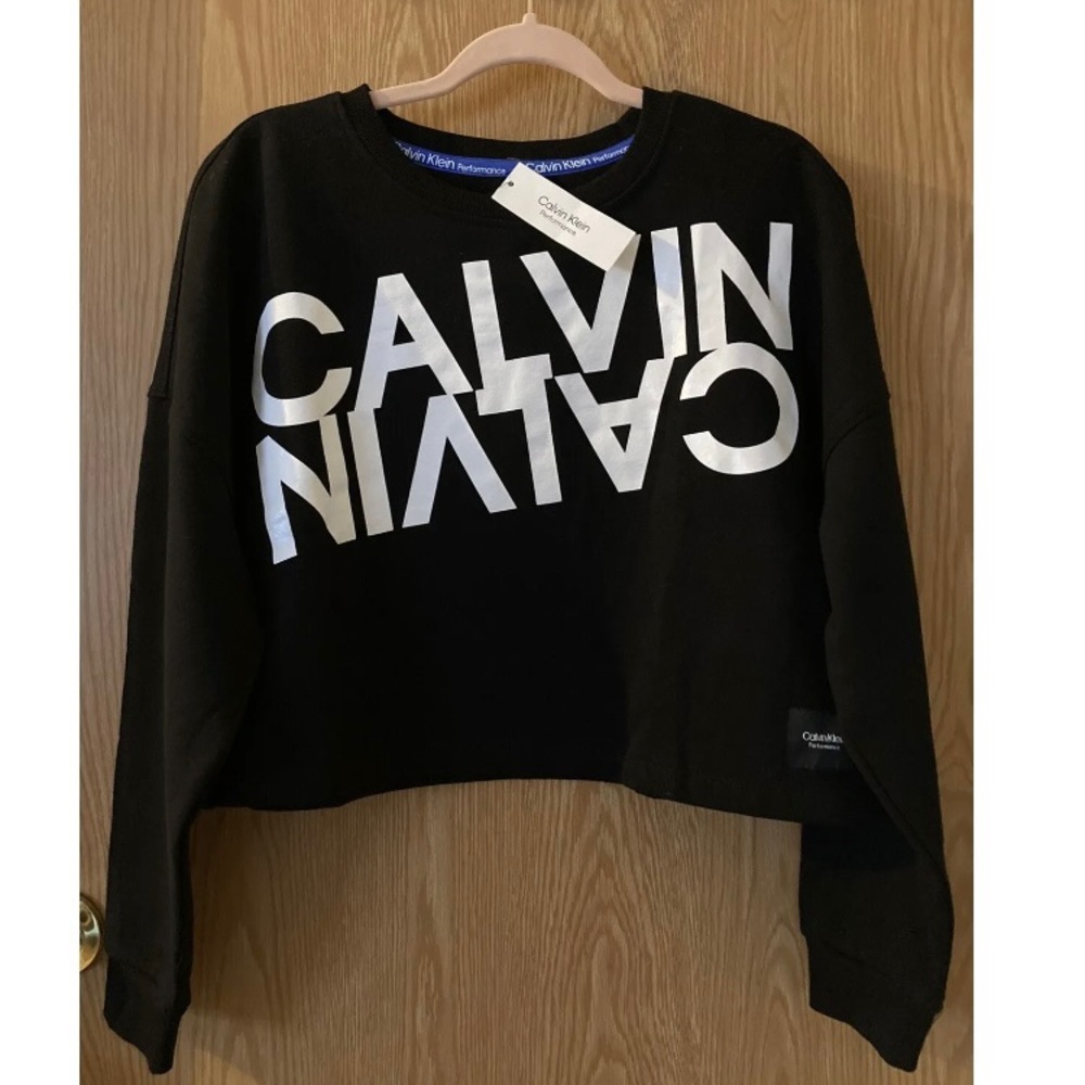 CALVIN KLEIN Performance L Black Logo Cropped Pullover Sweater Top Long Sleeve